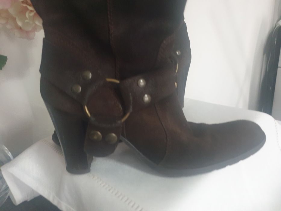 Botki Kozaki Skóra Zamsz 39 Brąz