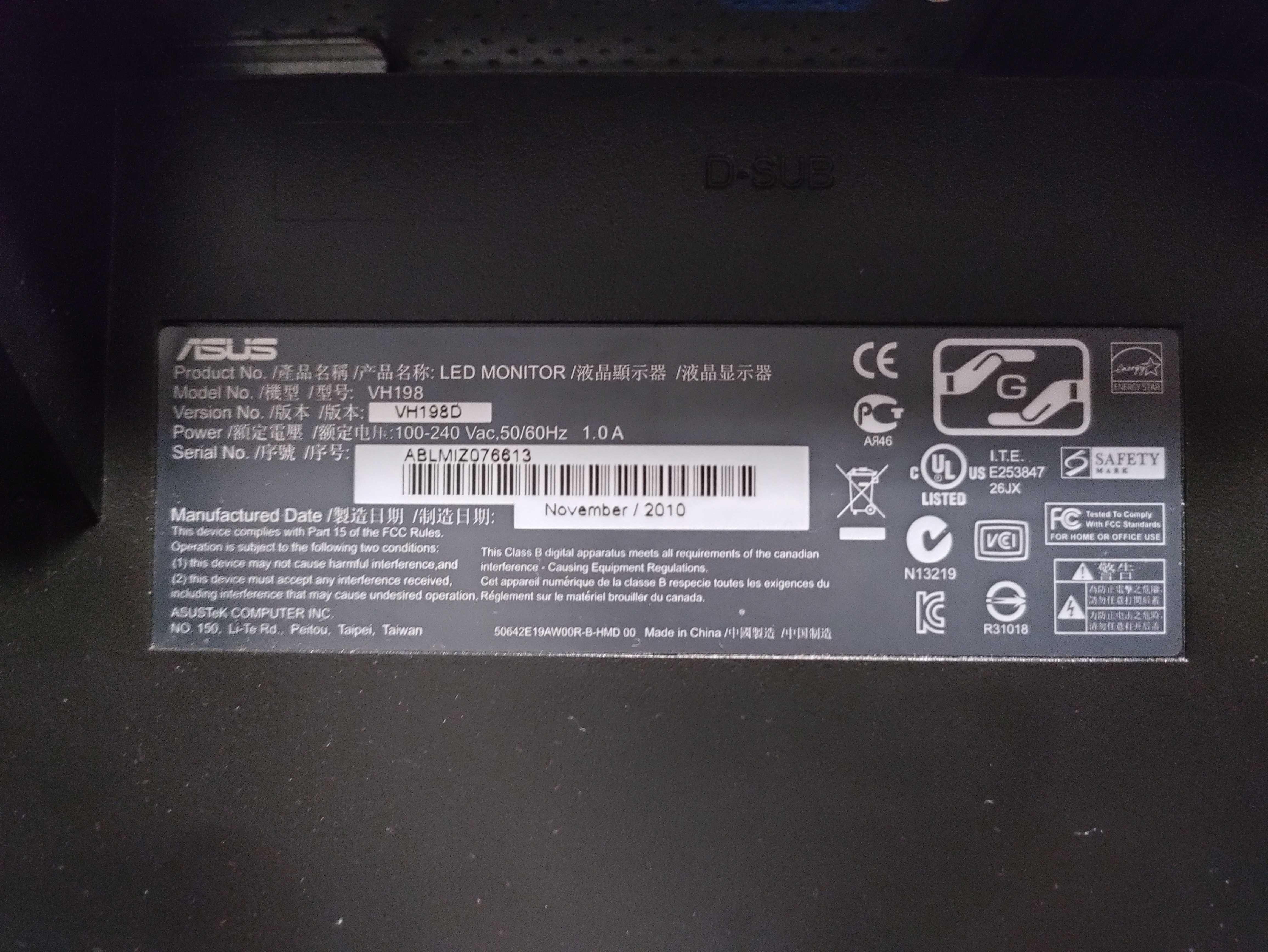 Monitor ASUS VH198D de 19" - Para arranjo ou peças