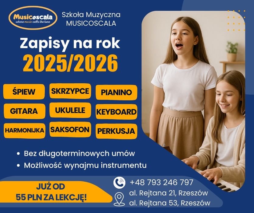 Lekcje: śpiew/pianino/gitara/skrzypce/saksofon/uku/perkusja/chór