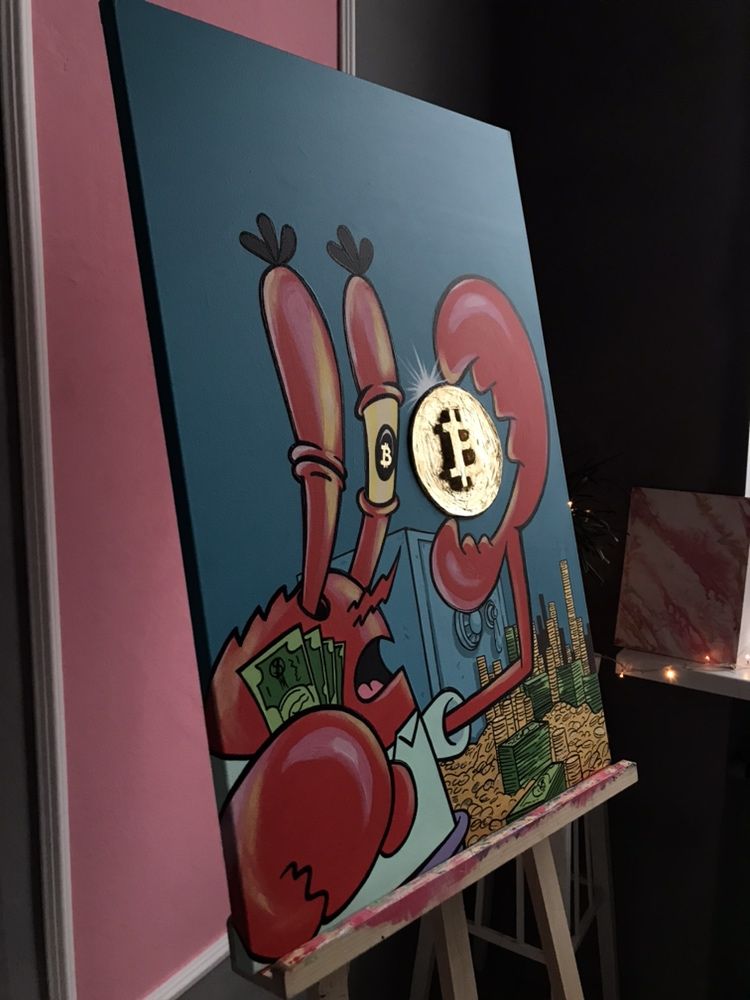 Картина в стиле Pop- Art с объемным Bitcoin мистер Крабс