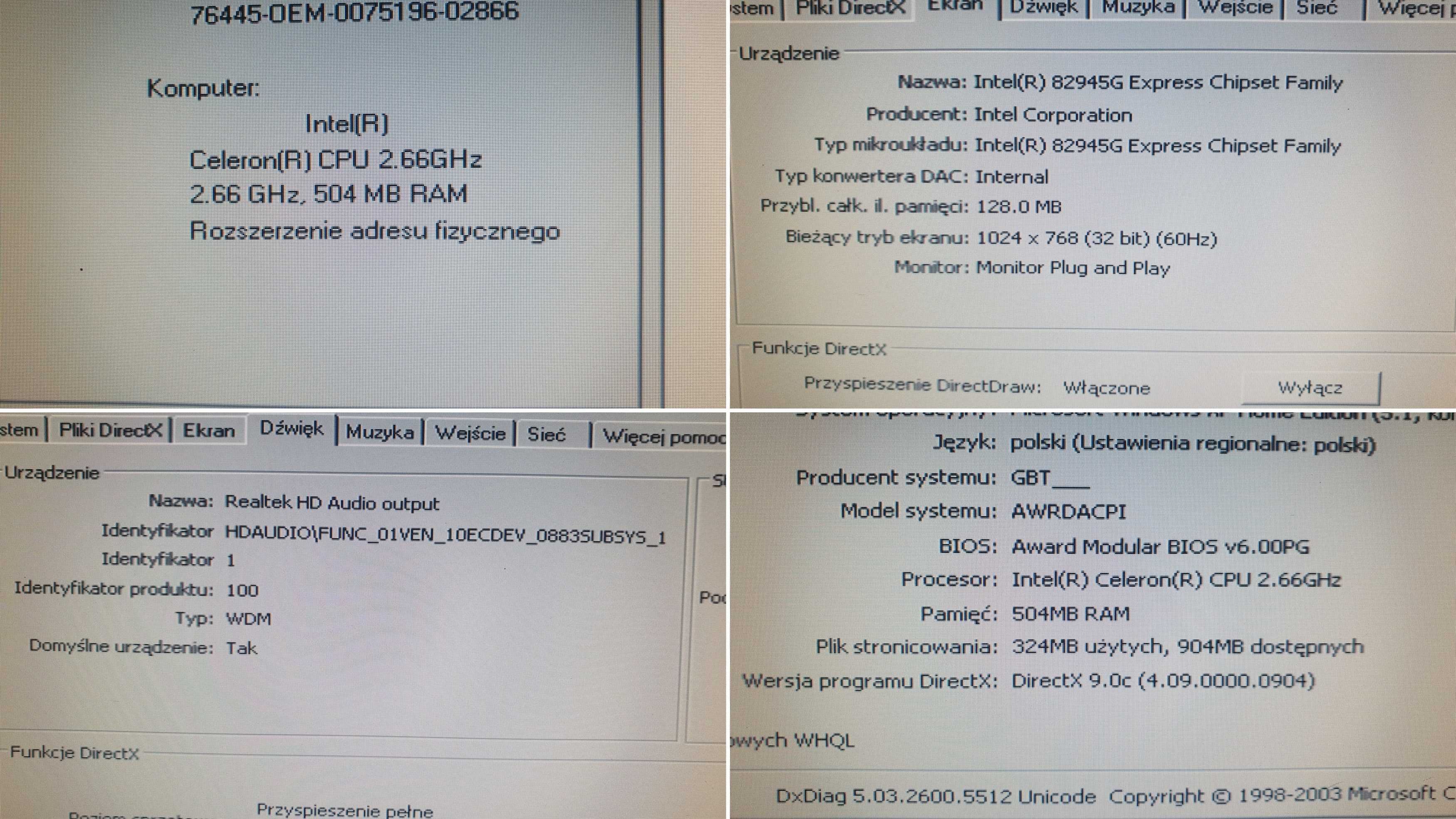 Stary komputer stacjonarny PC Qoltec 425W + Procek Intel + RAM 512MB