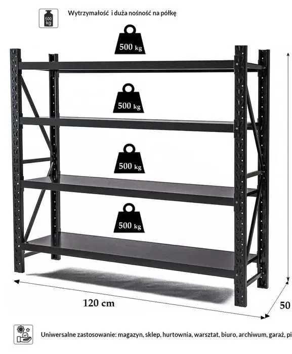 Nowoczesne solidne Regały metalowe 200/120/50 bez śrubowe 500 kg półka