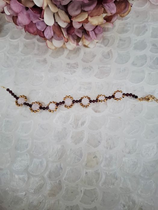 Bransoletka handmade z naturalnych kamieni granat kwarc różowy hematyt