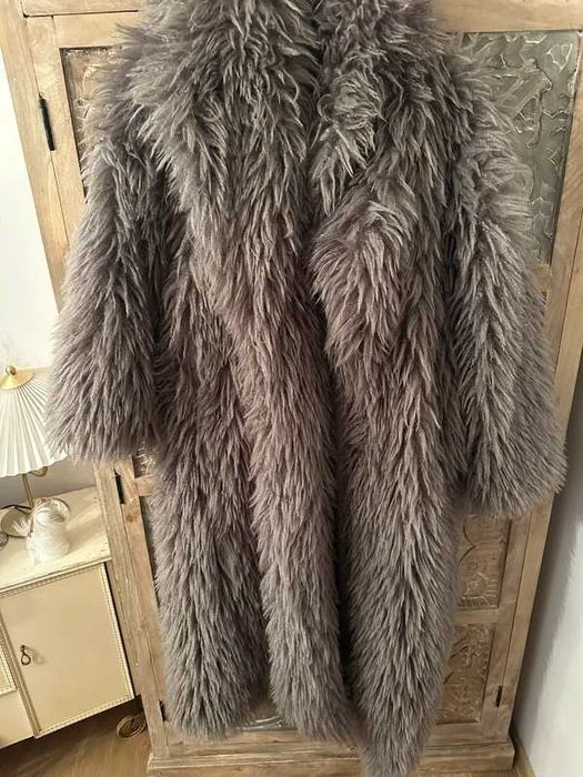 Płaszcz Zara futro futerko kożuch szary długi włchaty rozm XS-S Nowy