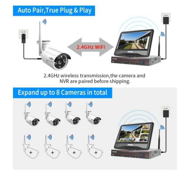 Kit CCTV WiFi videovigilância com ecrã 10" de 8CH 4 câmaras 1080p