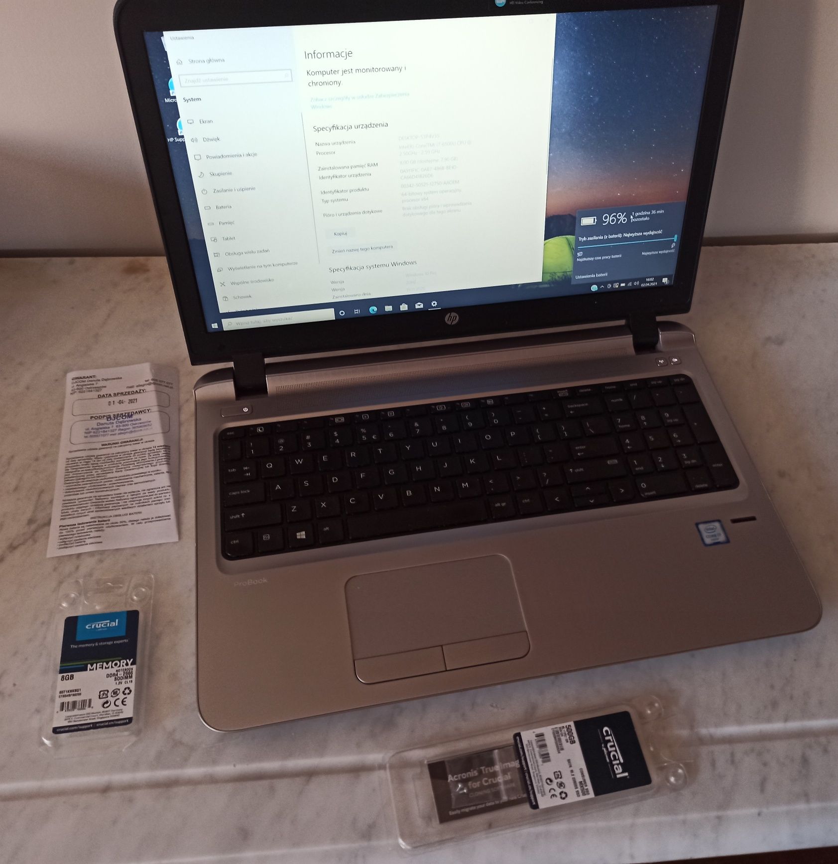 HP 450 G3 I7 SSD M.2 500 GB CRUCIAL