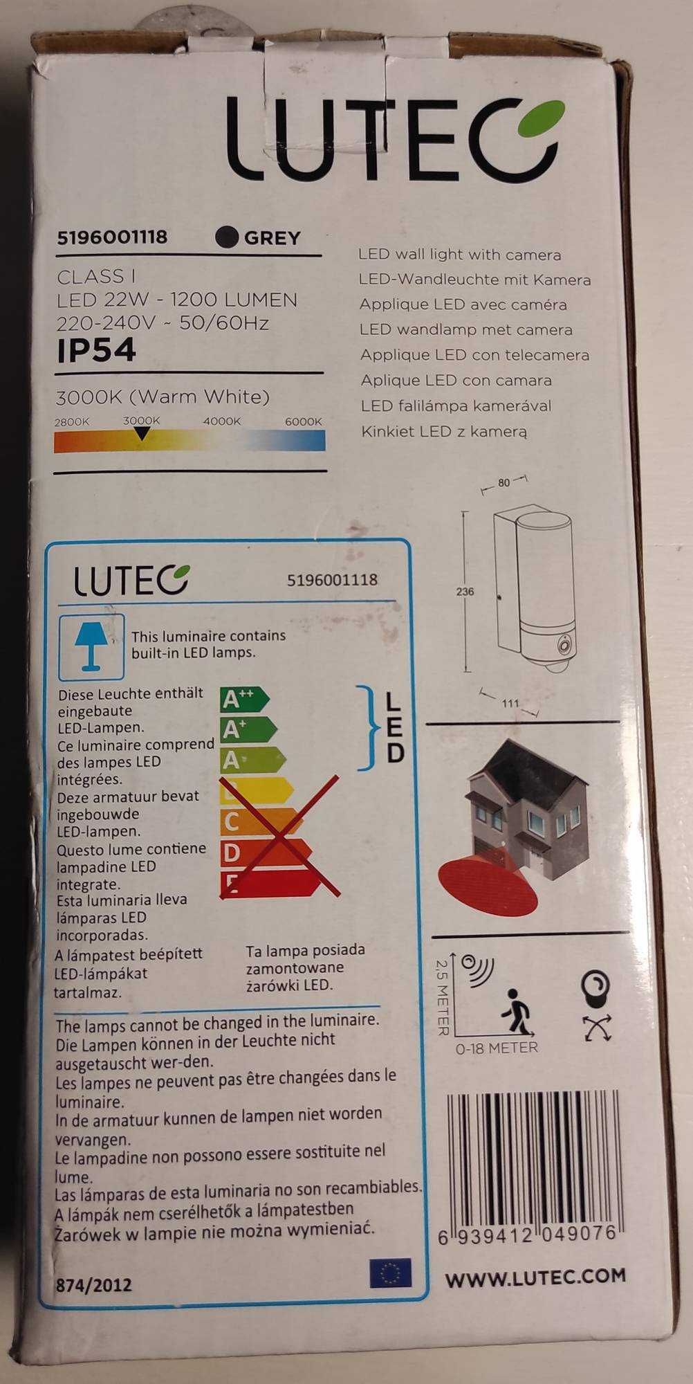 LUTEC Lampa ścienna LED Pollux z kamerą audio/wideo | czujnik ruchu