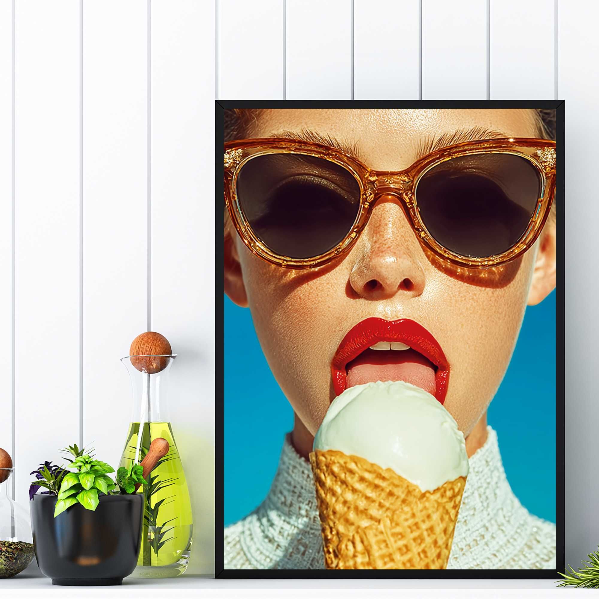 plakat do pokoju abstrakcja kobieta z lodem, plakat kobieta lato lody