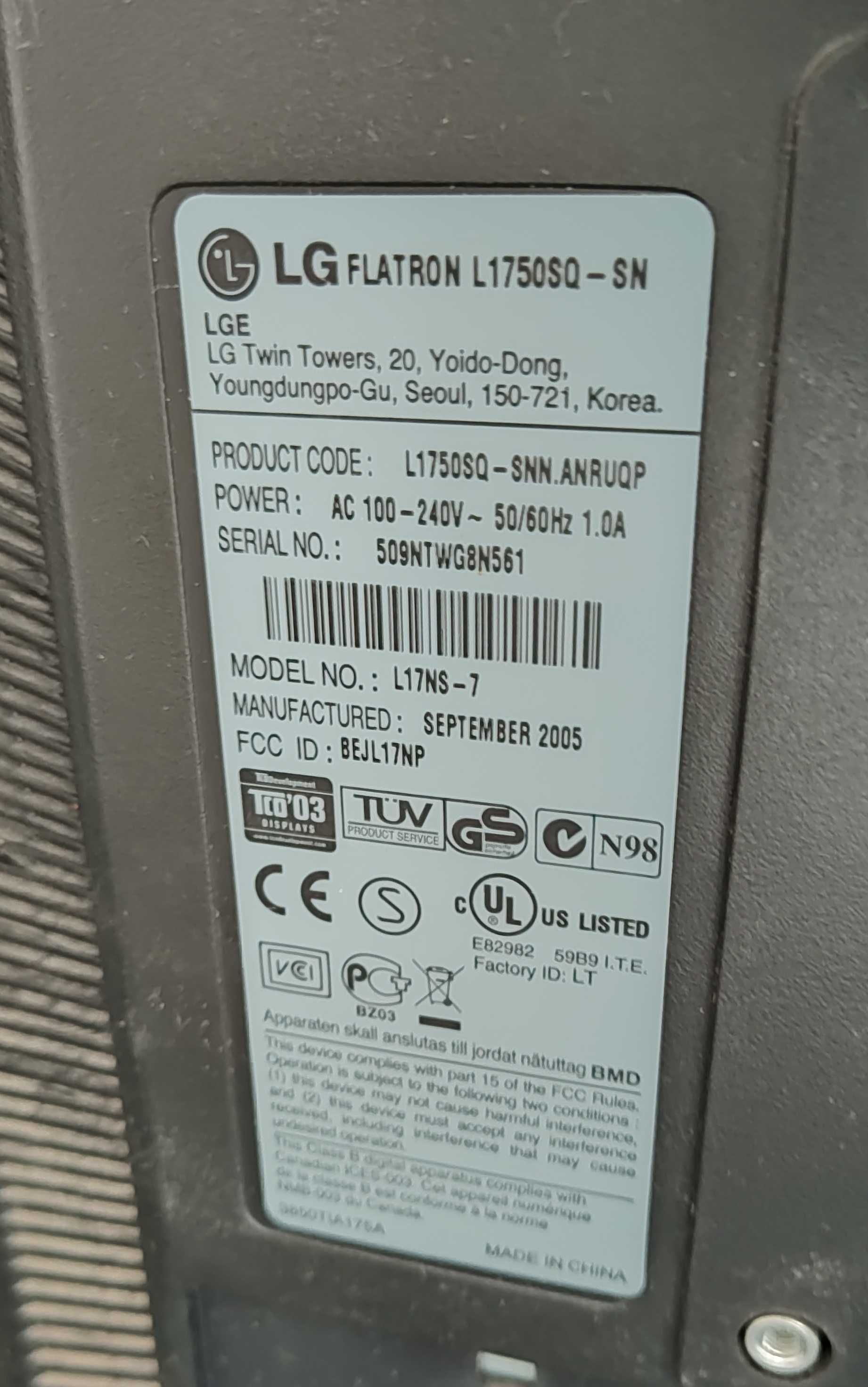 Монітор 17" LG L1750SQ-SN 1280x1024 8 мс VGA