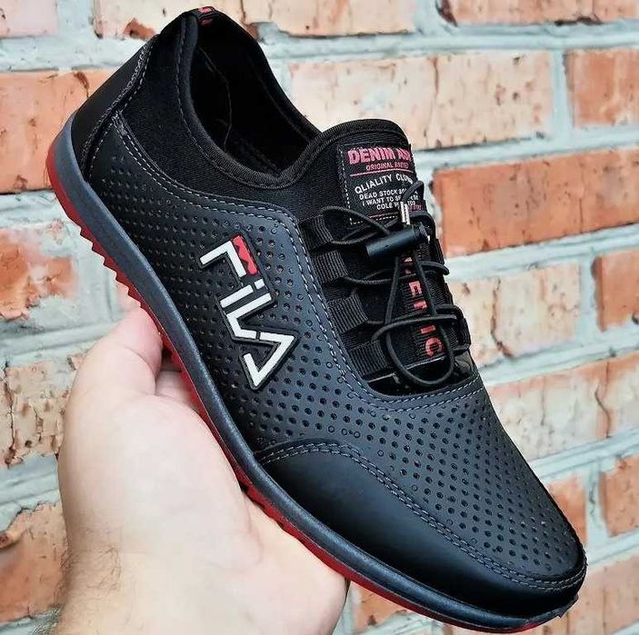 Мужские Мокасины Кроссовки FILA Сеточка Черные Летние