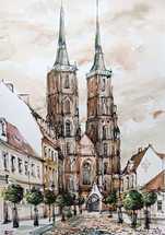 Ostrów Tumski Wrocław rysunek tusz grafika sepia katedra wrocławska a4
