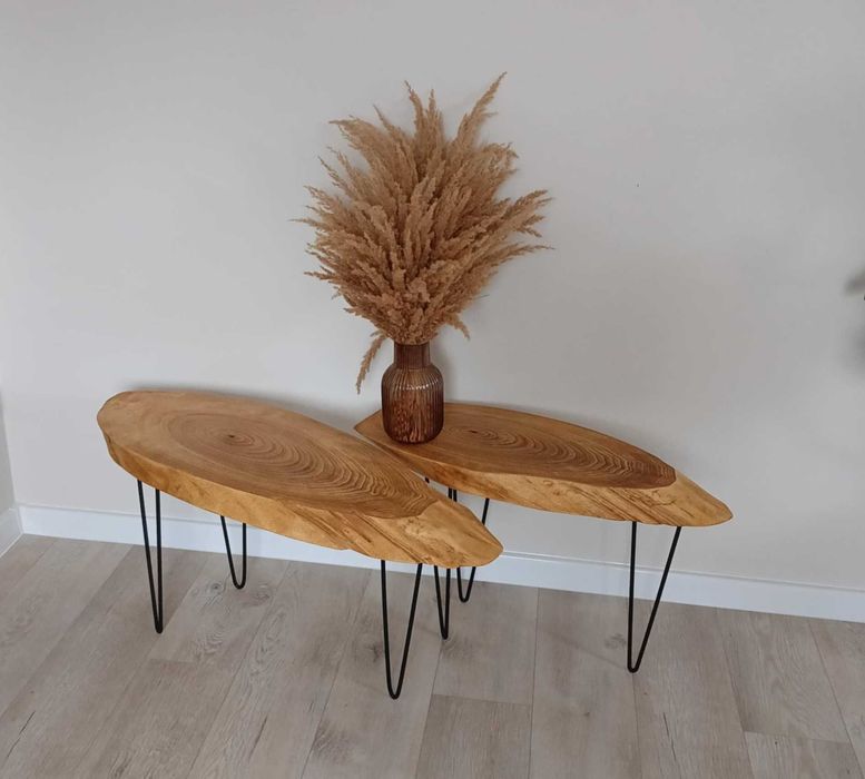 stoliki kawowe z plastra drewna jesionowego, stalowe nóżki