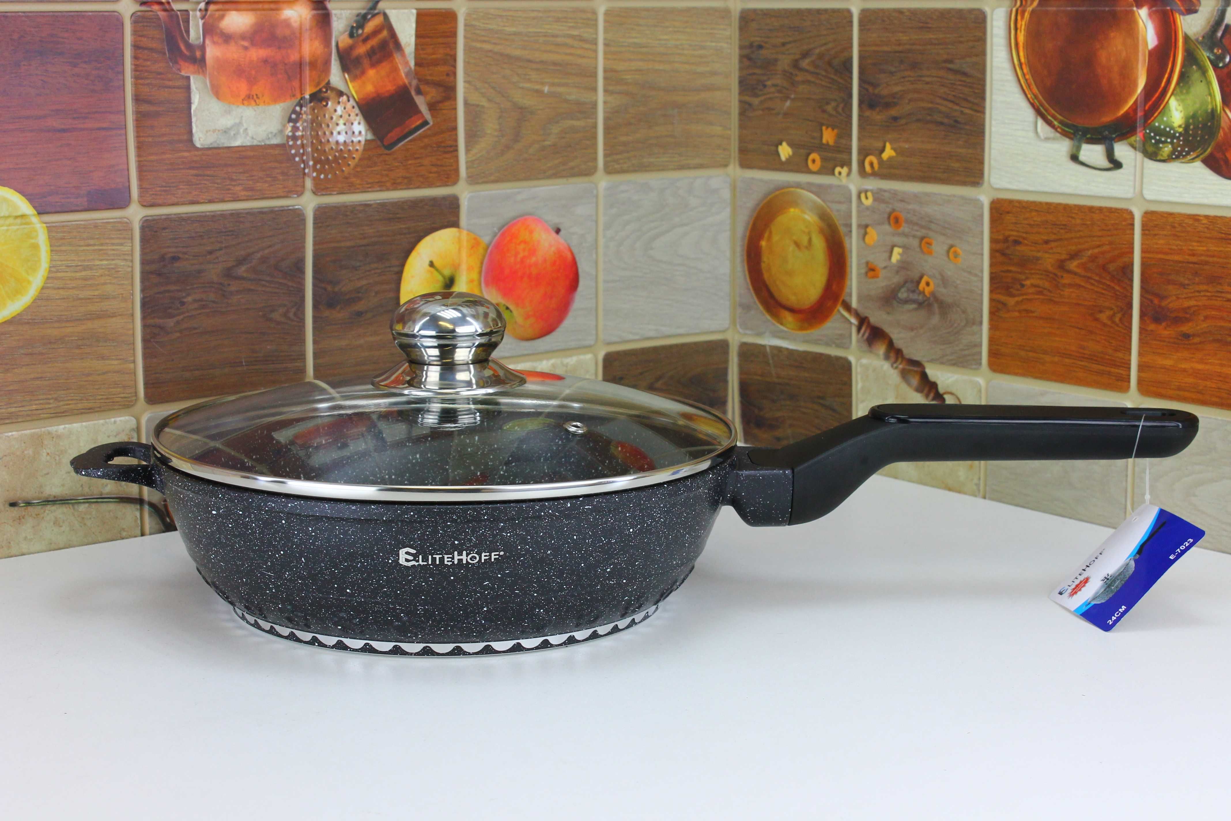 Solidna Głęboka Patelnia 24cm z pokrywą EliteHoff E7022 czarna