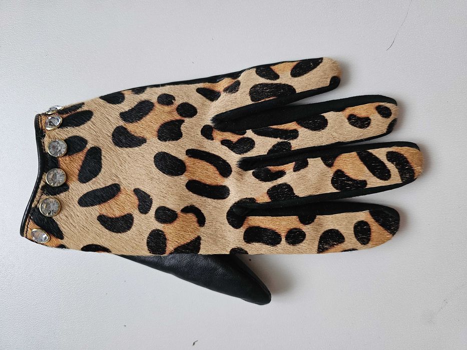Dune London eleganckie skórzane rękawiczki wzór panterka kryształki SM