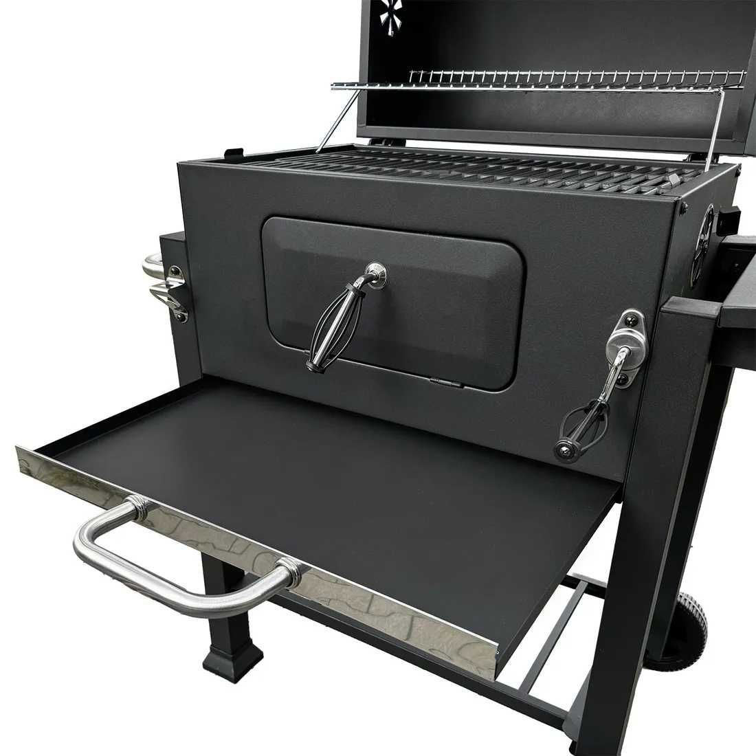 Duży grill węglowy żeliwny ruszt solidny trwały kółka półki termometr