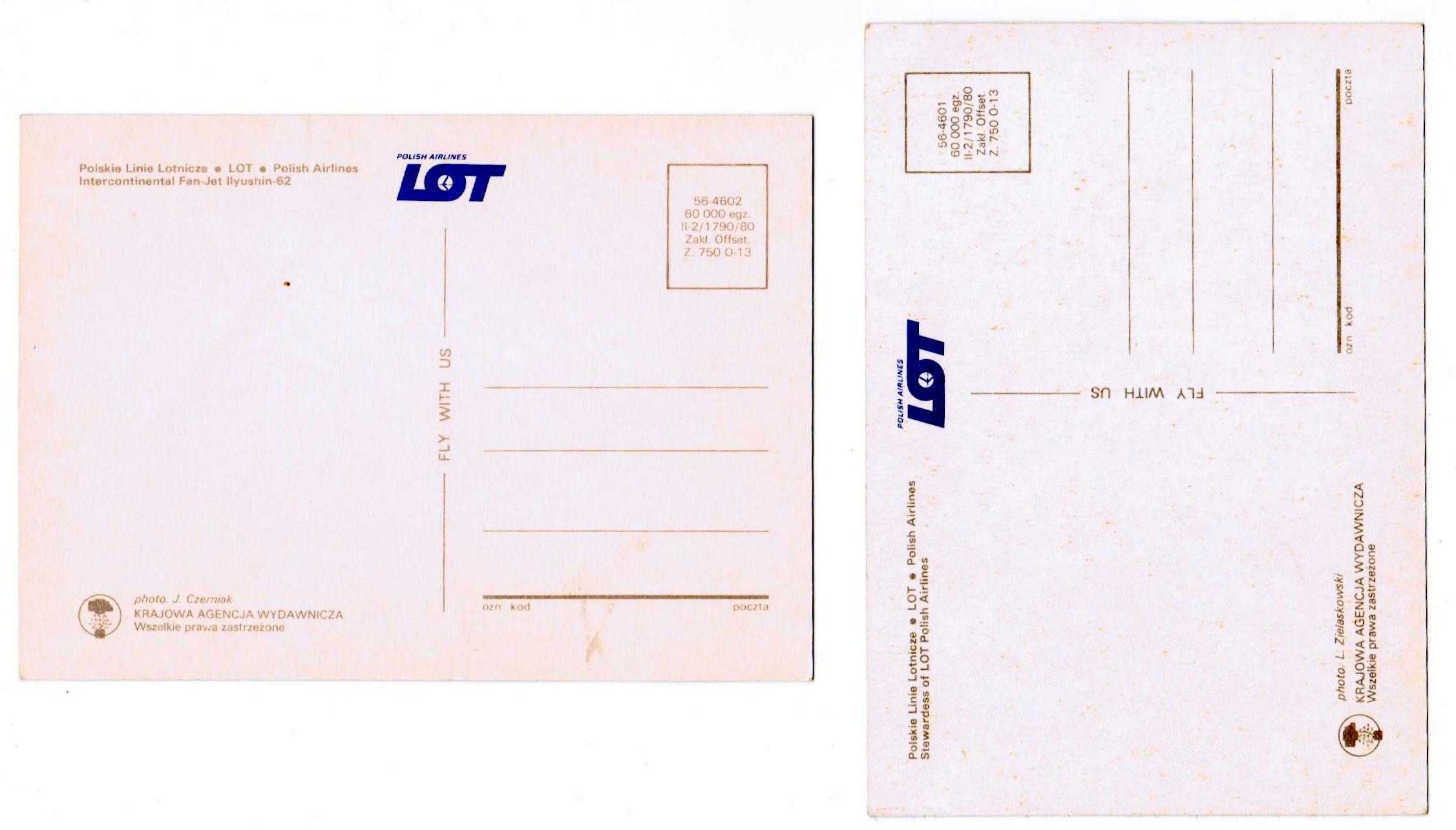 LOT Polskie Linie Lotnicze, 2 pocztówki, 1980 r.