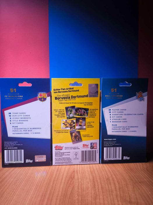 Zestaw 3 boxów Topps Team Set 2021/22 – Barcelona, Borussia, Sociedad