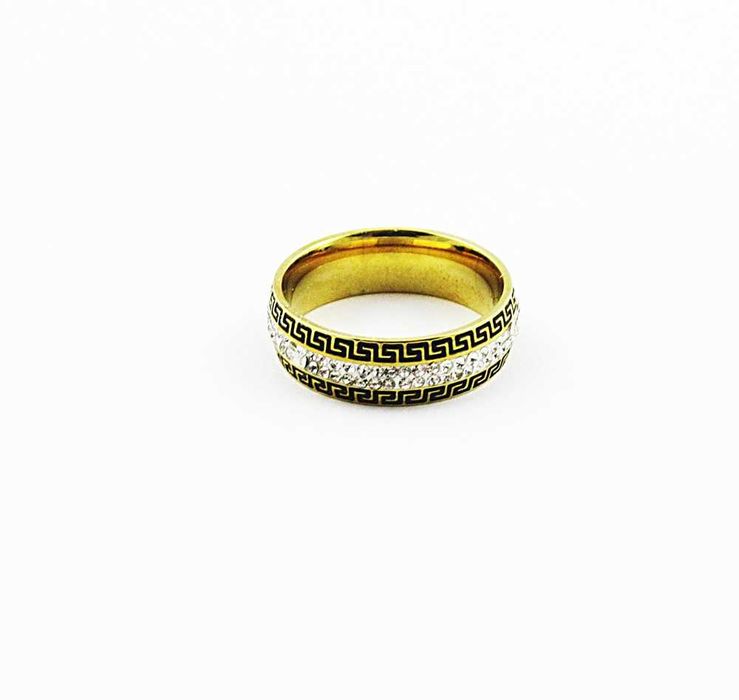 Obrączka stal chirurgiczna złota greckie wzory cyrkonie pasek PX560