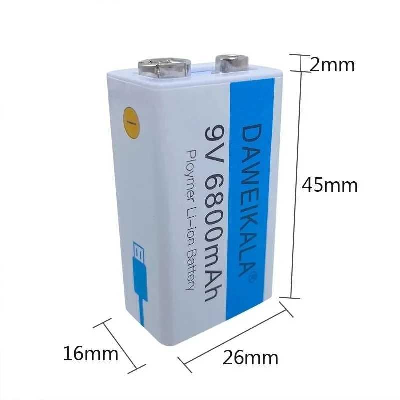 Акумулятор Крона 9V 6800mAh Li-Ion Daweikala, зарядка через Type-C