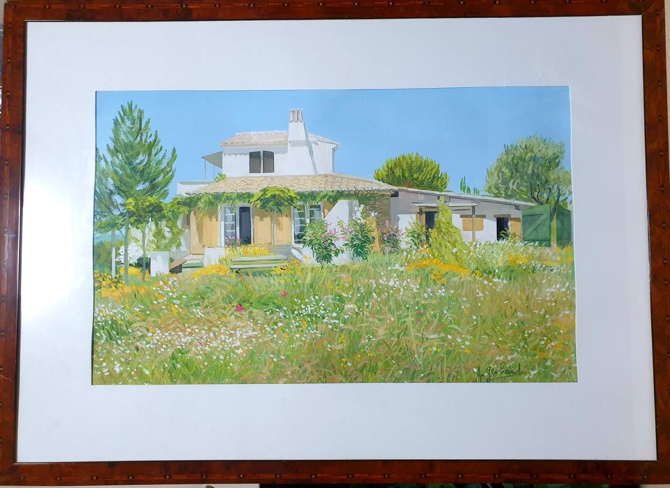 Pintura paisagística "cssa de campo" em guache assinada