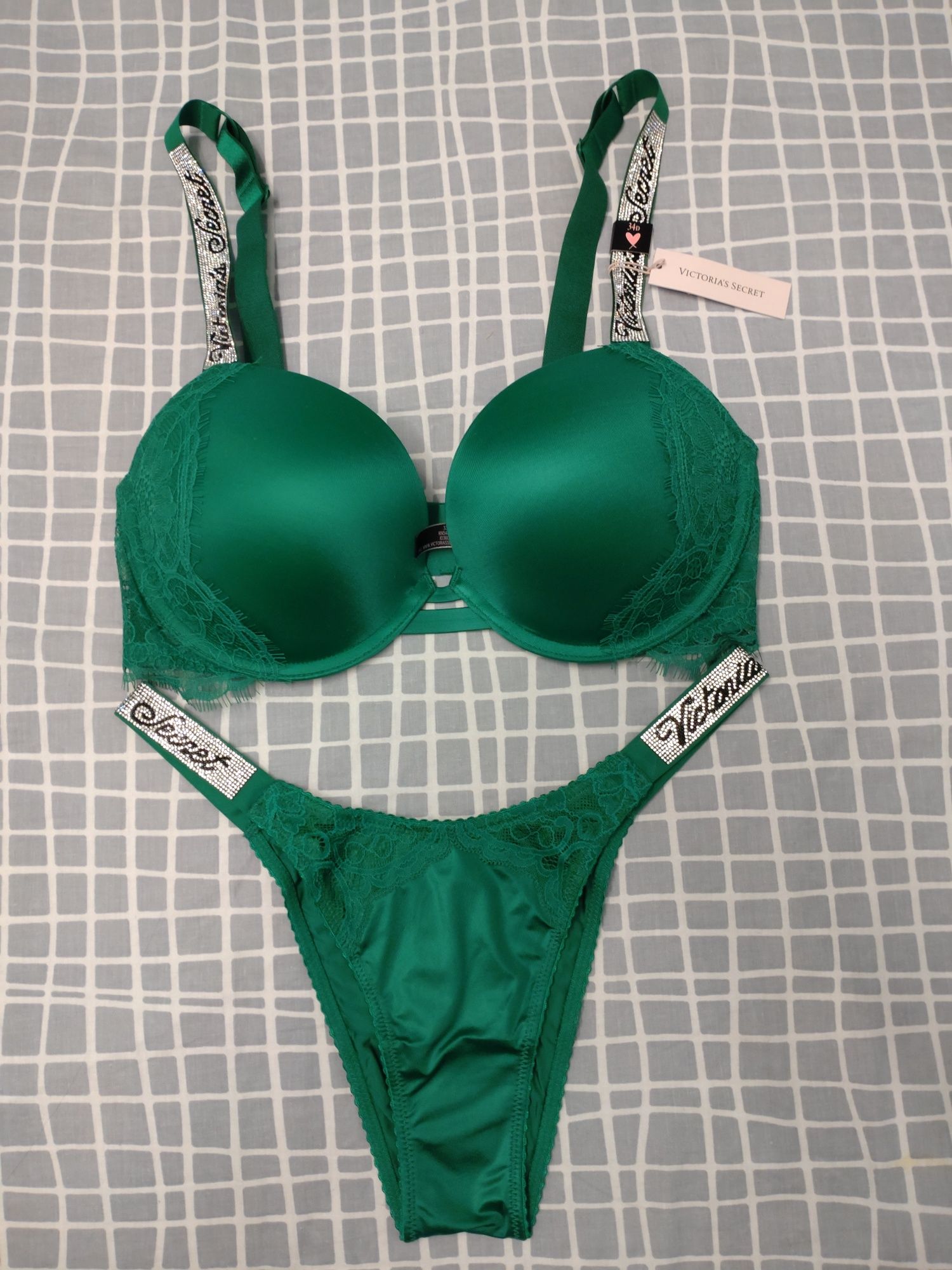 Komplet Victoria's Secret 34D biustonosz S brazyliamy zielony