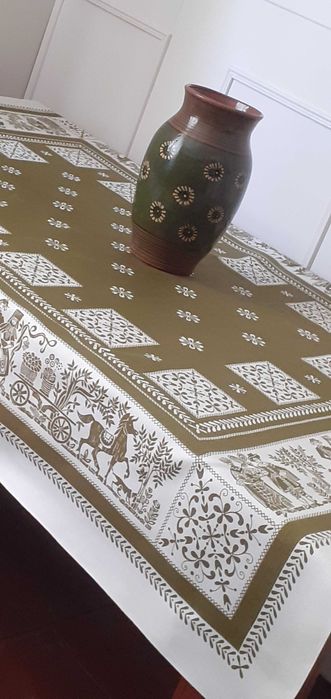 Obrus gruby lniany wzory etno folk biały i ciemna zieleń