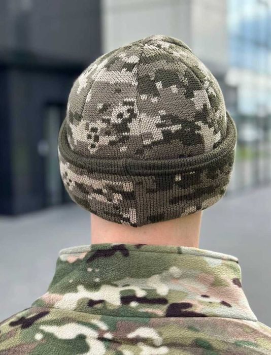 Зимняя вязаная шапка пиксель ЗСУ теплая тактическая шапка вязка