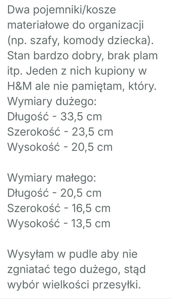Dwa pojemniki kosze organizery H&M