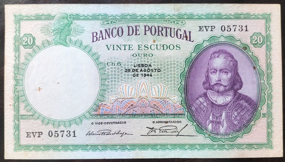 Nota 20$ 1944 António Luís Meneses Estado Bela