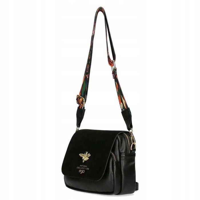 EGO Torebka Damska Listonoszka Na Ramię Czarna Zamsz Pszczółka 2 Paski