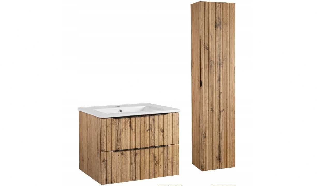 Szafka z Umywalką 60cm+Słupek Dąb Wotan/Czarne/Białe–Ryflowany front