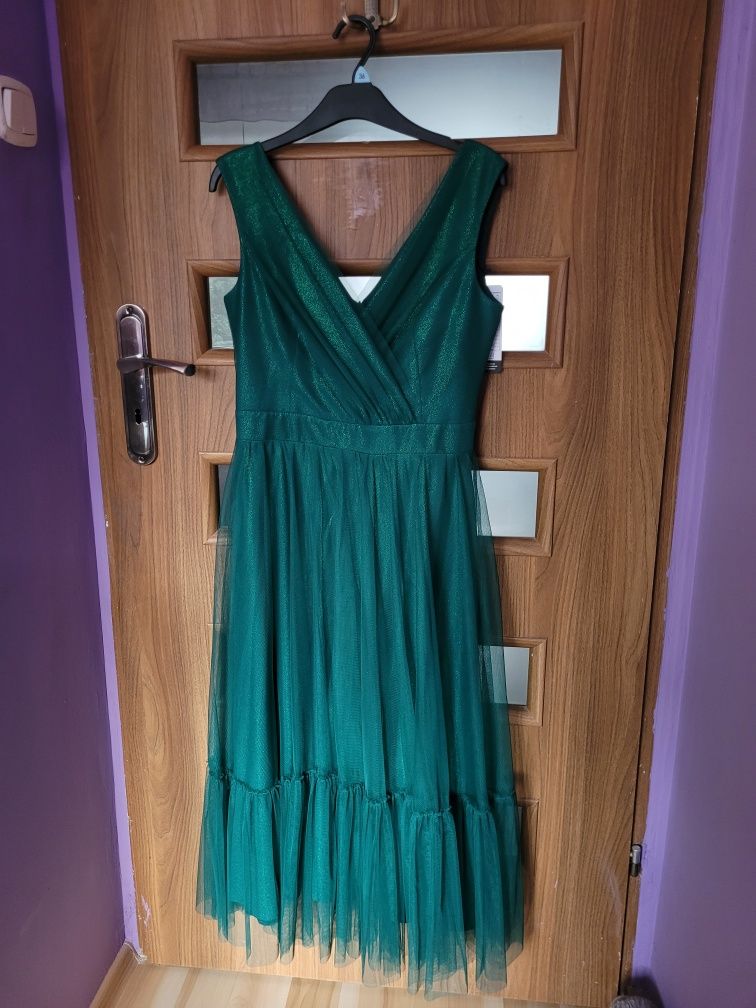 Balowa sukienka nowa błyszcząca butelkowa zieleń M