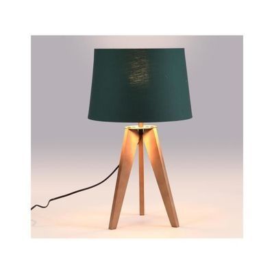 Lampa stołowa na statywie z brązowego drewna i ciemnozielonego abażuru
