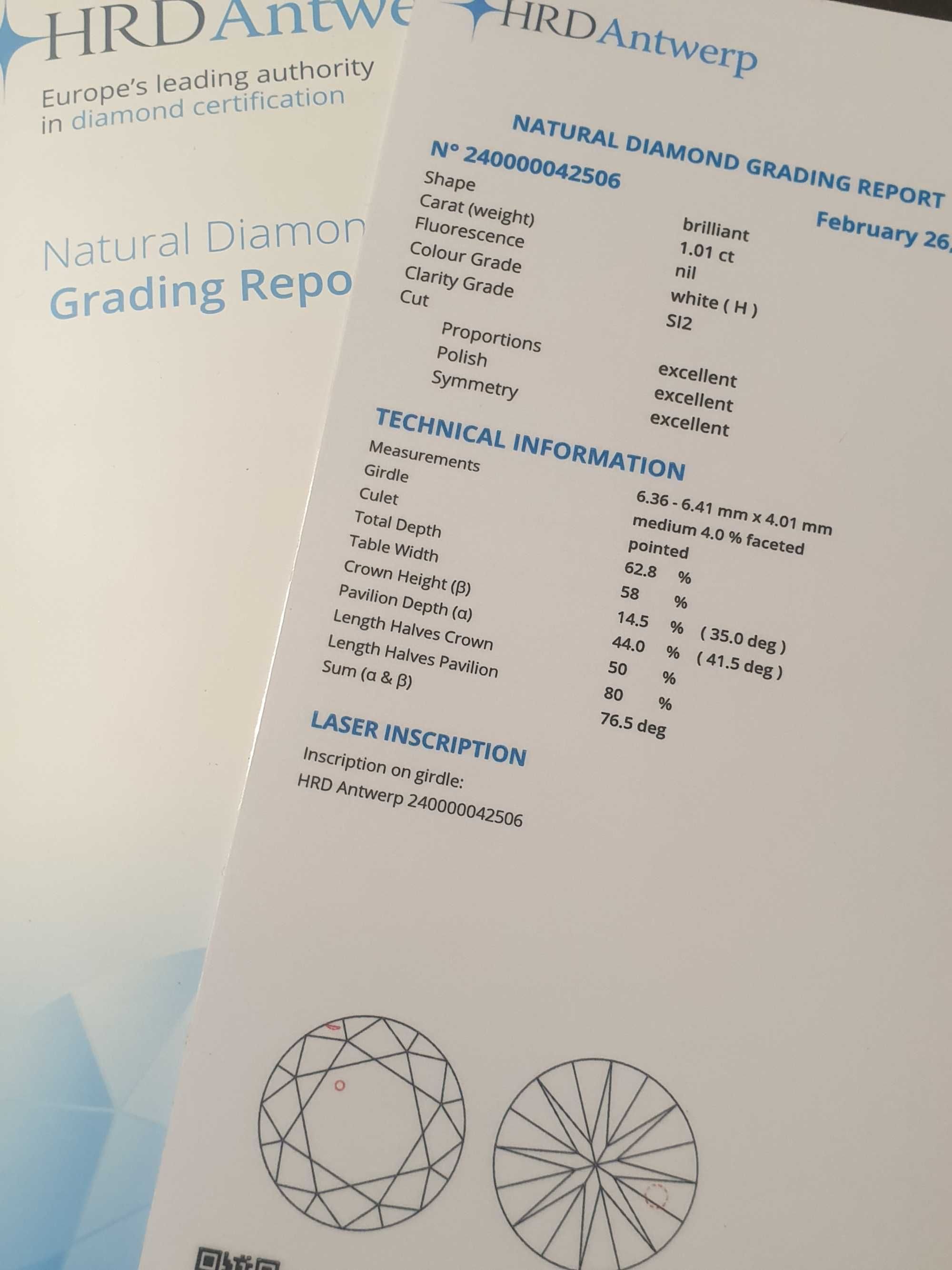 Pierścionek zaręczynowy z brylantem diamentem 1 CT H Si2 HRD