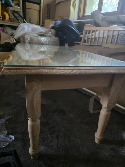 Stół  Stolik Ława drewniany z szklanym blatem