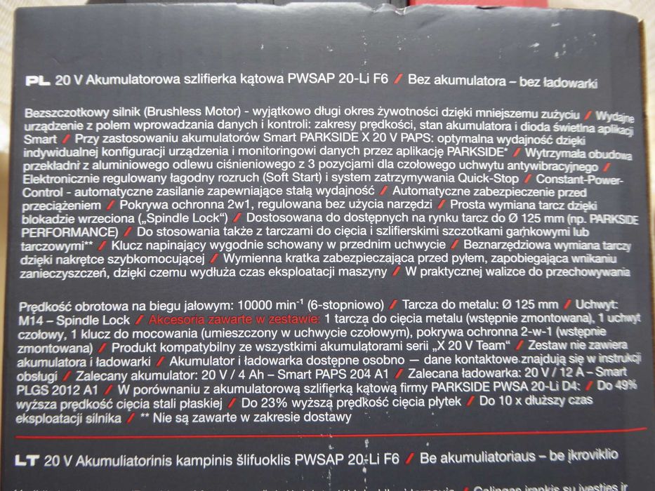 Szlifierka kątowa 20V PARKSIDE PERFORMANCE z 4Ah aku. i ład. 4,5A