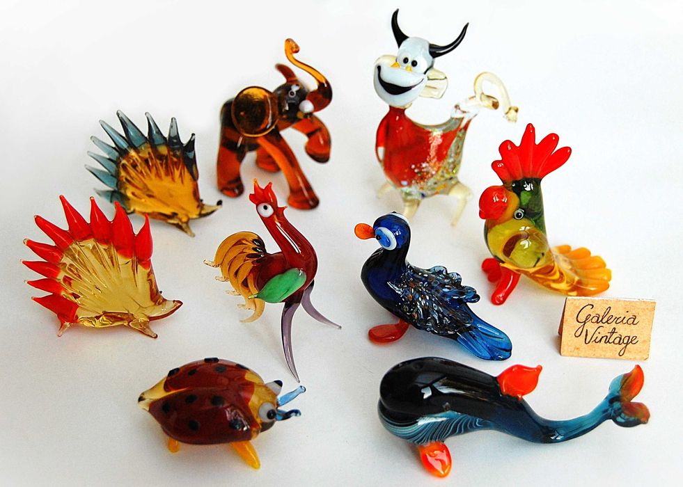 Szklane zwierzątka, figurki ze szkła, PRL, vintage