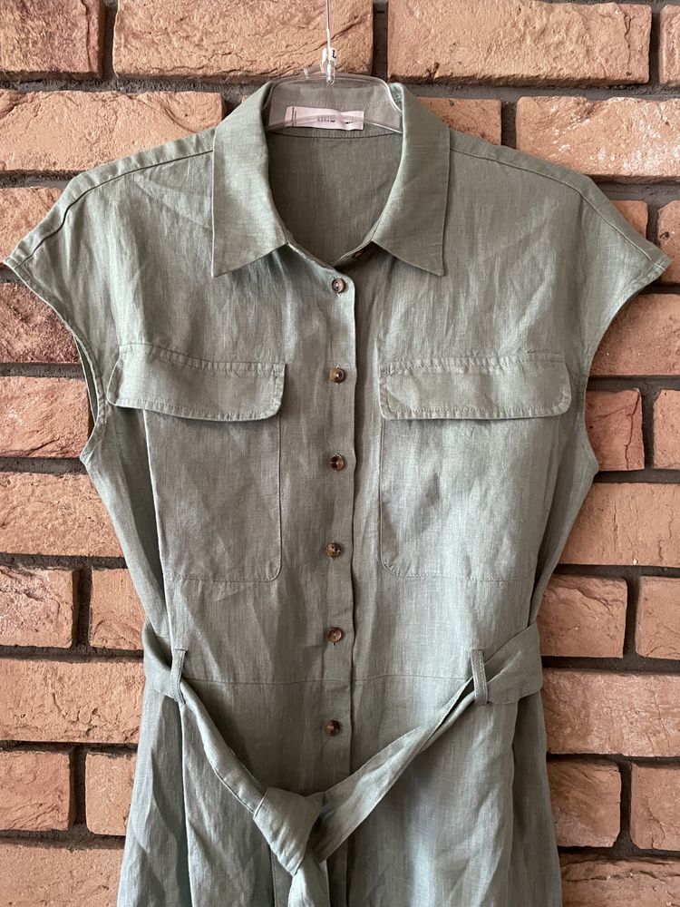 Mango MNG L 40 lniana sukienka zielona khaki szmizjerka wiązana len