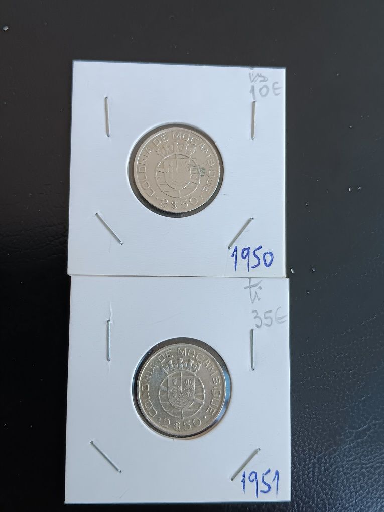 Colecção completa de moedas de 2,50 escudos, em prata de Moçambique