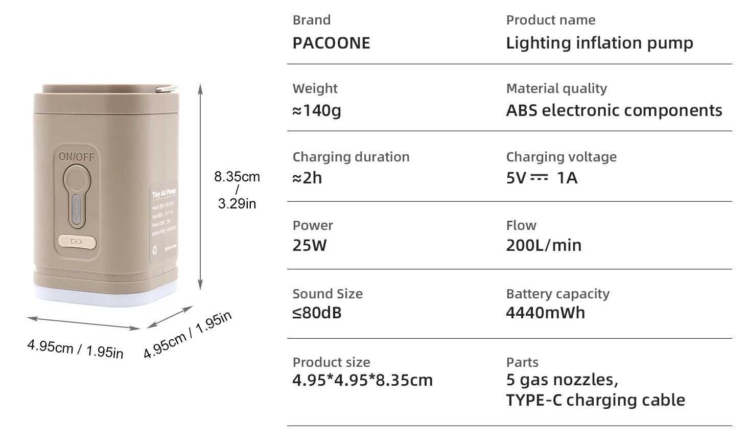 Туристичний електричний міні насос і ліхтар Pacoone Tiny Air Pump