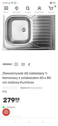 Nowy zlew zlewozmywak  jednokomorowy z ociekaczem Kuchinox len 80x60