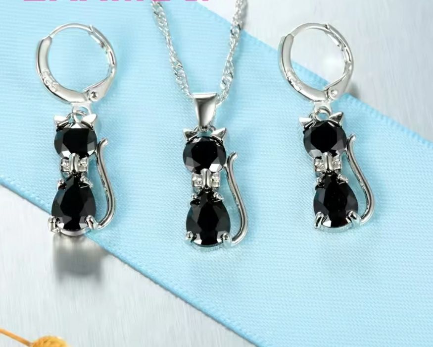 Srebrny komplet biżuterii kot, naszyjnik plus kolczyki koty, srebro 9