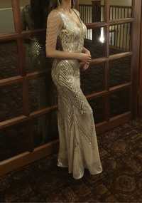 Suknia bogato zdobiona koraliki cekiny srebrna złota sylwester wesele