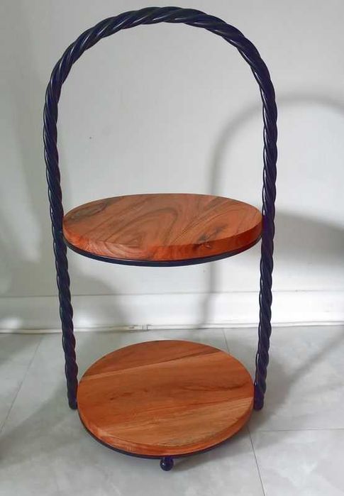 Etażerka dwupoziomowa, patera, półka drewno i metal.