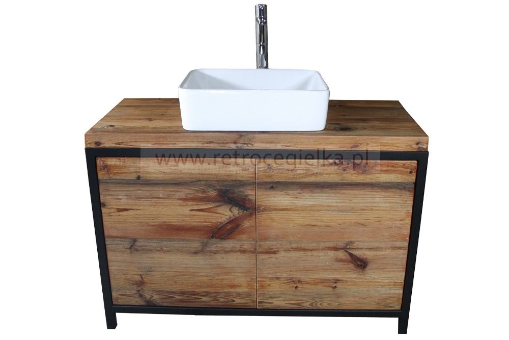 Szafka łazienkowa, stare drewno sosnowe, jasne, drzwiczki, stalowa ram