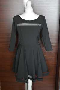 Nowa czarna elegancka sukienka rozkloszowana z siateczkowymi wstawkami
