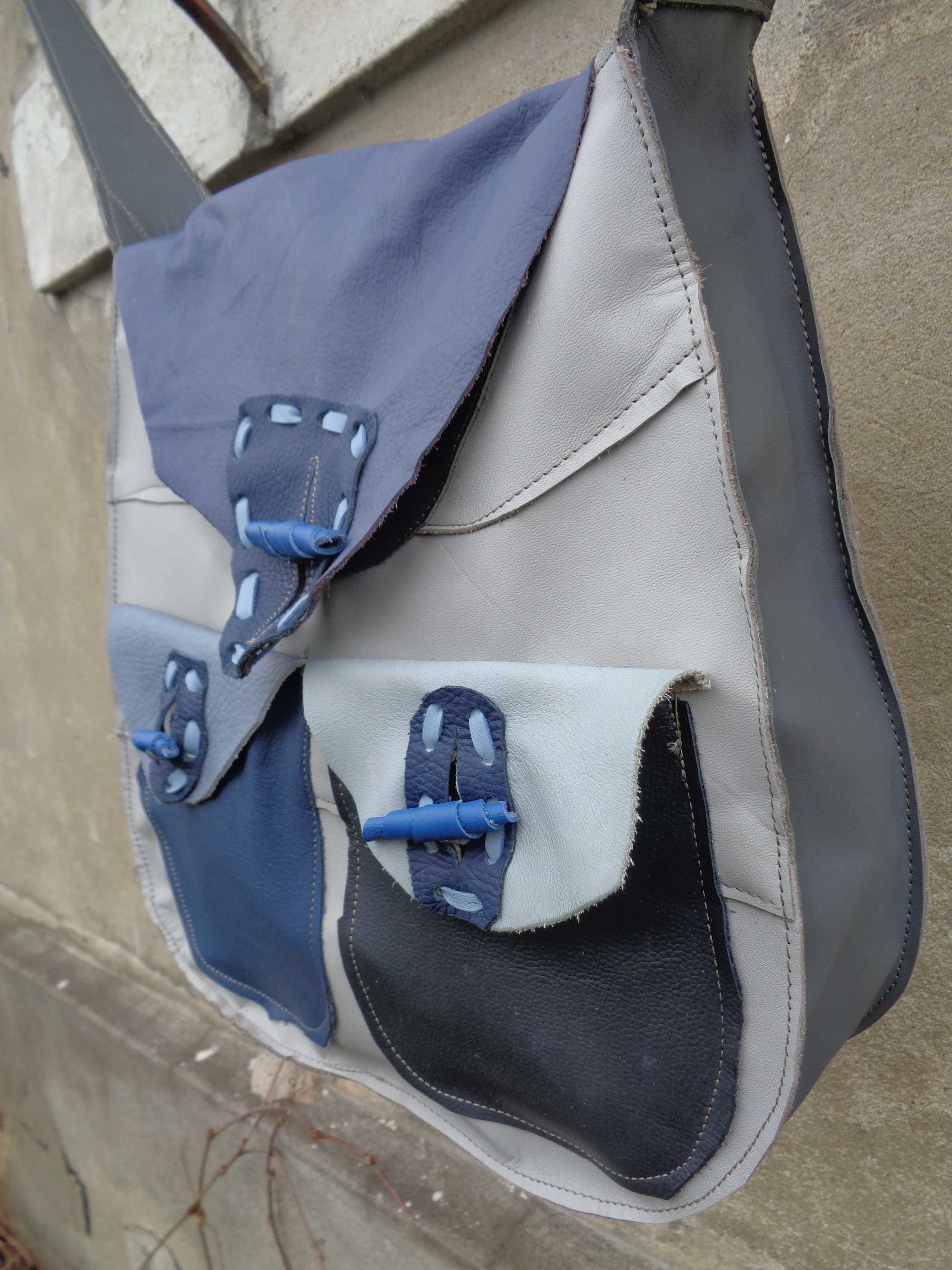 WYPRZEDAŻ Artystyczna duża skórzana niebieska torebka. Handmade