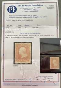 Марка США 1861 год сертификат