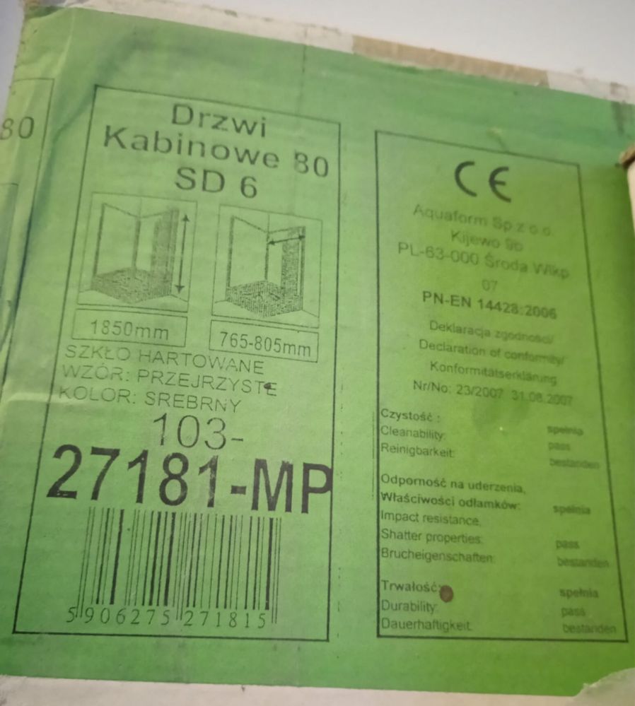 Drzwi prysznicowe kabinowe 80 uchylne
