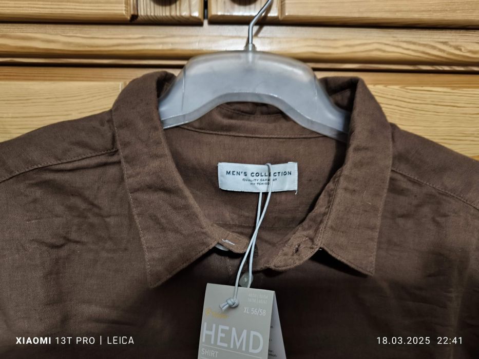 Koszula lniano 58% - bawełniana 42%, brązowa, nowa